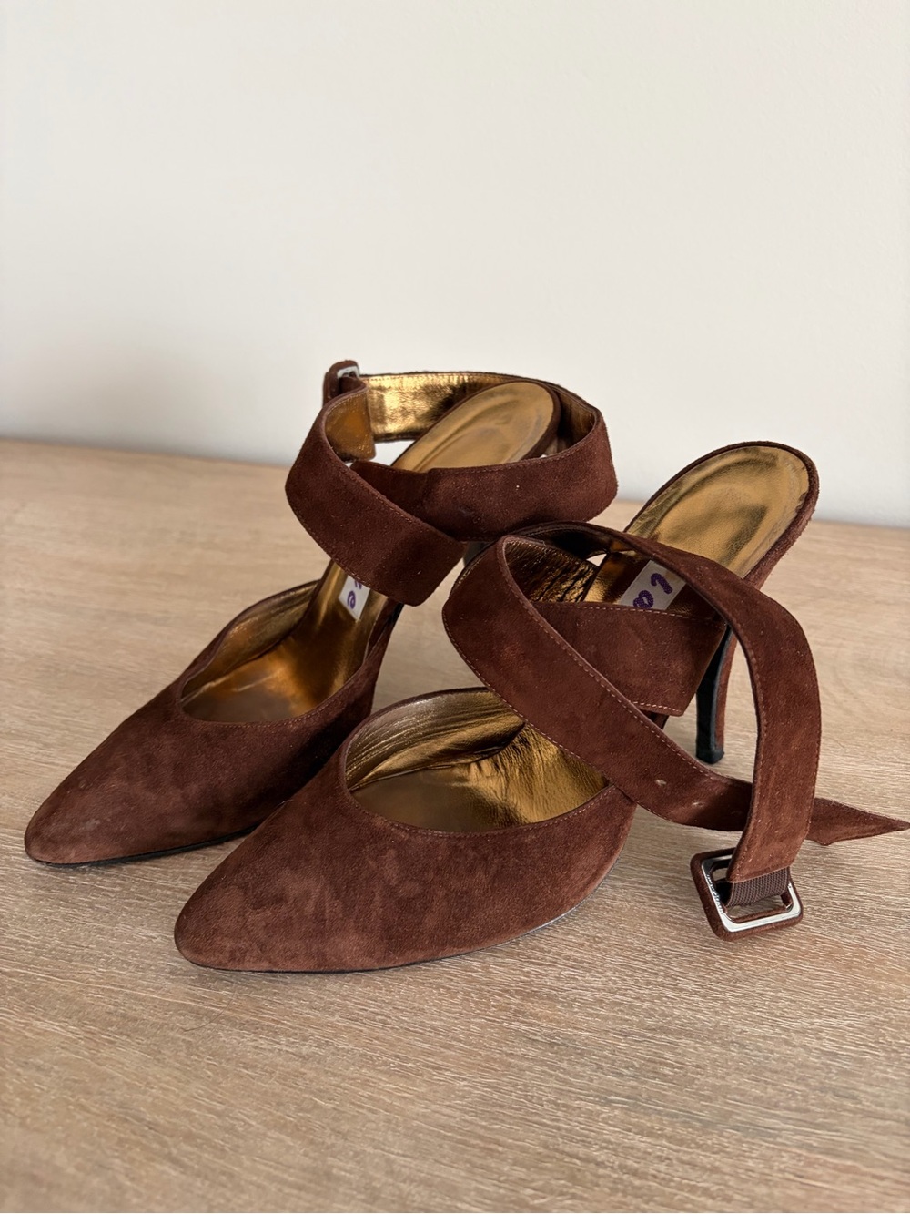 Lalique Brown Suede Pointed-Toe Ankle-Strap Heels